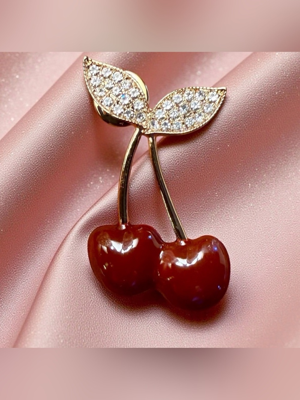 FREE PEOPLE  Sweet Cherry Brooch Gold-Tone Cherry Brooch with Crystal Leaves